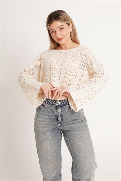 Ajurlu Volan Kol Triko Bej Bluz