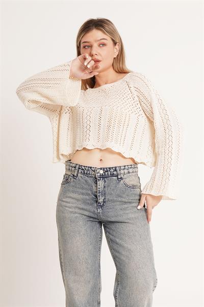 Ajurlu Volan Kol Triko Bej Bluz
