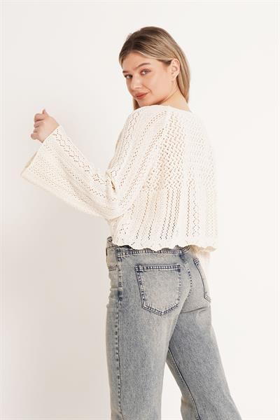 Ajurlu Volan Kol Triko Bej Bluz