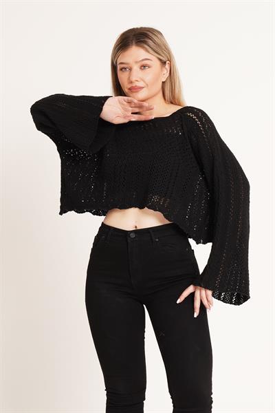 Ajurlu Volan Kol Triko Siyah Bluz