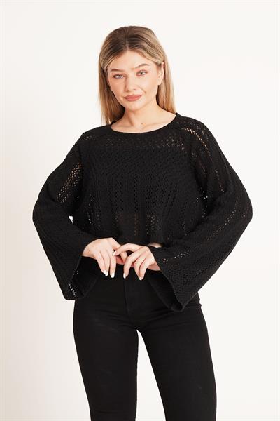 Ajurlu Volan Kol Triko Siyah Bluz