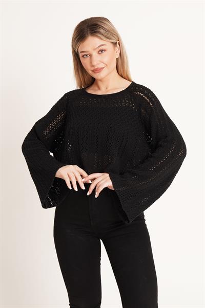 Ajurlu Volan Kol Triko Siyah Bluz