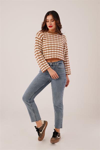 Ajurlu Çift Renk Triko Camel Kısa Kazak