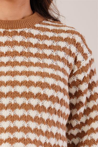 Ajurlu Çift Renk Triko Camel Kısa Kazak