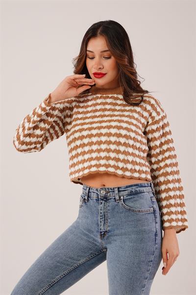 Ajurlu Çift Renk Triko Camel Kısa Kazak