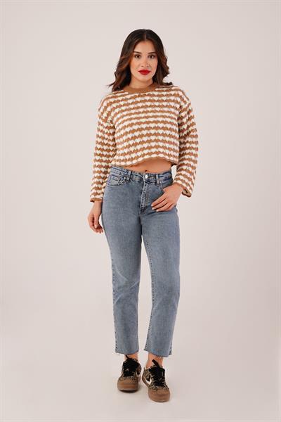 Ajurlu Çift Renk Triko Camel Kısa Kazak