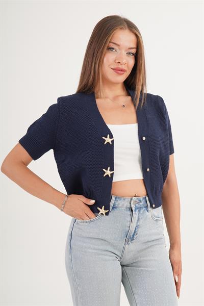 Aksesuar Çıtçıt Düğmeli Kısa Kol Lacivert Triko Hırka