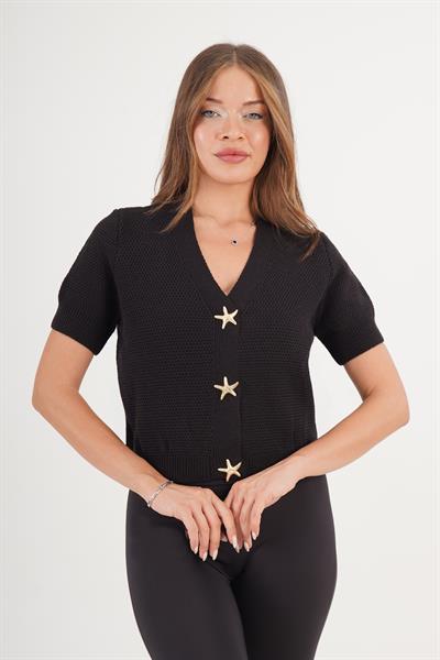 Aksesuar Çıtçıt Düğmeli Kısa Kol Siyah Triko Hırka