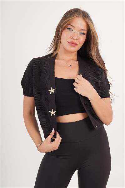 Aksesuar Çıtçıt Düğmeli Kısa Kol Siyah Triko Hırka