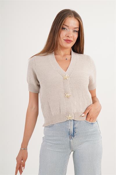 Aksesuar Çıtçıt Düğmeli Kısa Kol Vizon Triko Hırka