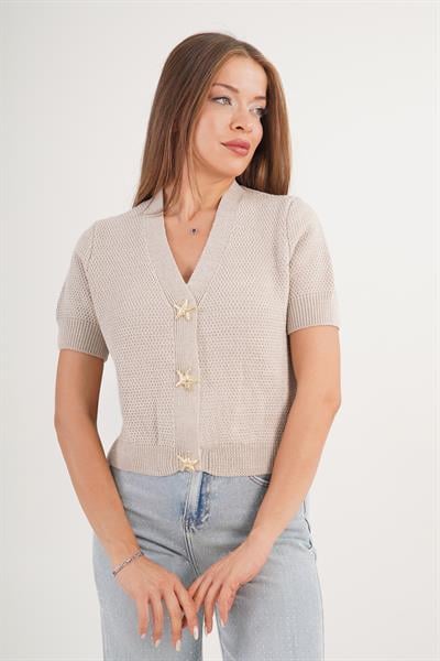 Aksesuar Çıtçıt Düğmeli Kısa Kol Vizon Triko Hırka