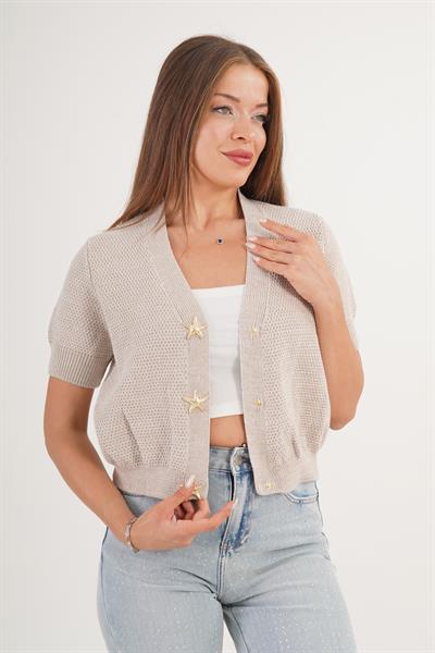 Aksesuar Çıtçıt Düğmeli Kısa Kol Vizon Triko Hırka