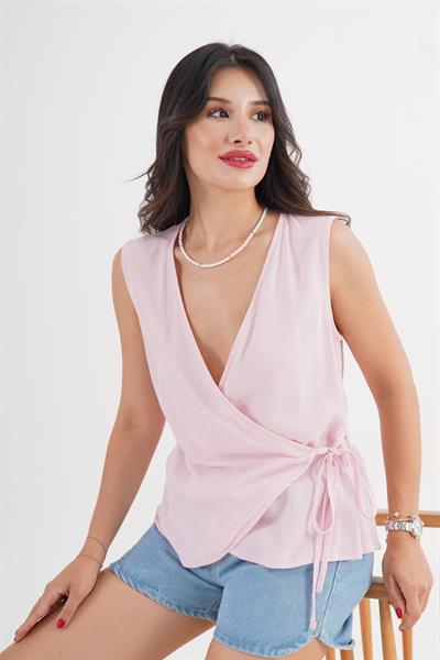 Anvelop Bağlama Detaylı Kruvaze Kesim Pembe  Bluz