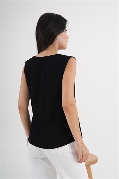 Anvelop Bağlama Detaylı Kruvaze Kesim Siyah Bluz