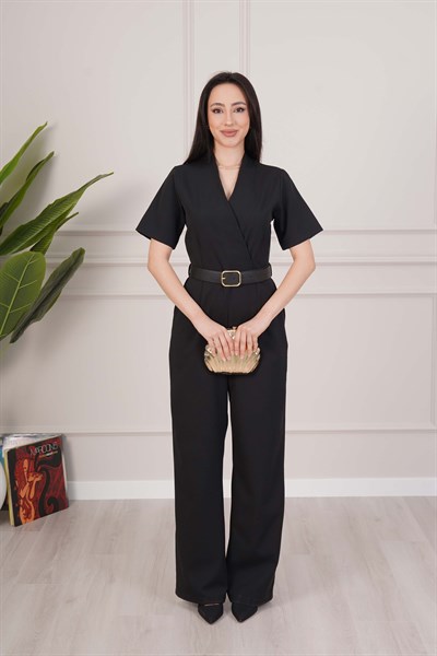 Anvelop Kesim Kemerli Siyah Şık Uzun Tulum