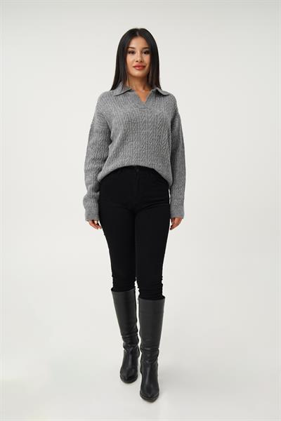 Apaş Yaka Antrasit Aran Örgü Triko Kazak