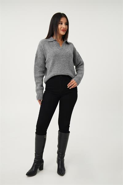 Apaş Yaka Antrasit Aran Örgü Triko Kazak
