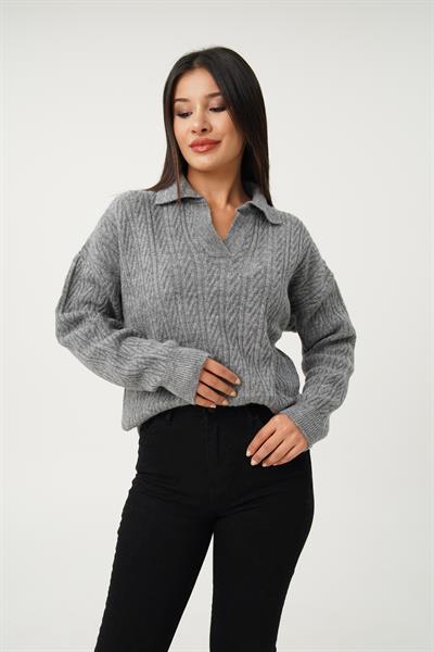 Apaş Yaka Antrasit Aran Örgü Triko Kazak