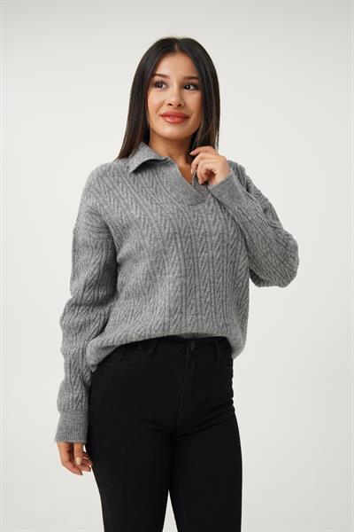Apaş Yaka Antrasit Aran Örgü Triko Kazak