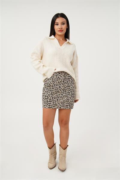 Apaş Yaka Ekru Aran Örgü Triko Kazak