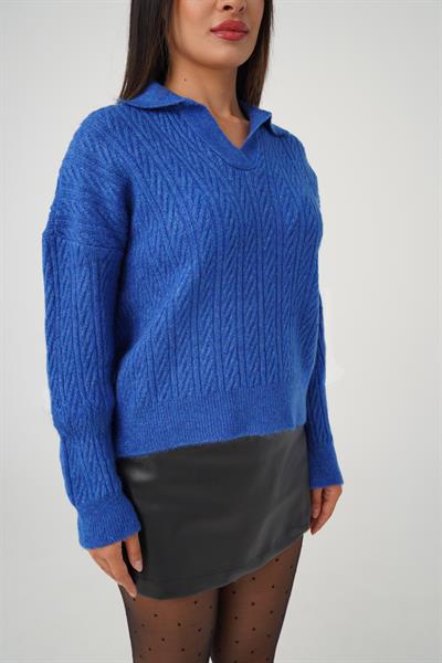 Apaş Yaka Saks Aran Örgü Triko Kazak