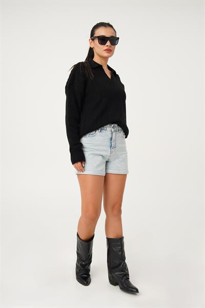 Apaş Yaka Siyah Aran Örgü Triko Kazak