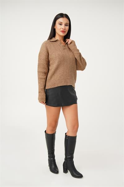 Apaş Yaka Sütlü Kahve Aran Örgü Triko Kazak