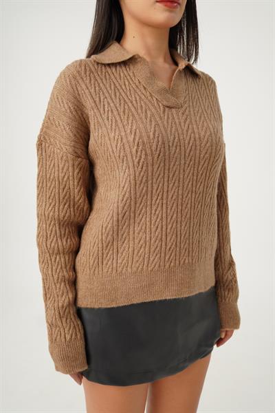 Apaş Yaka Sütlü Kahve Aran Örgü Triko Kazak