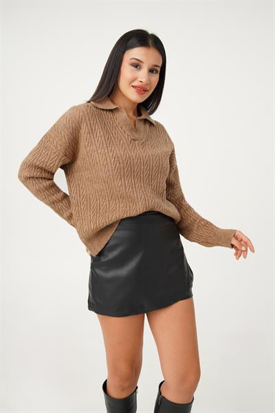 Apaş Yaka Sütlü Kahve Aran Örgü Triko Kazak