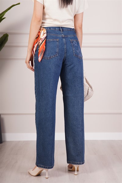 Yüksek Bel Nakış Detaylı Geniş Paça Kot Pantolon