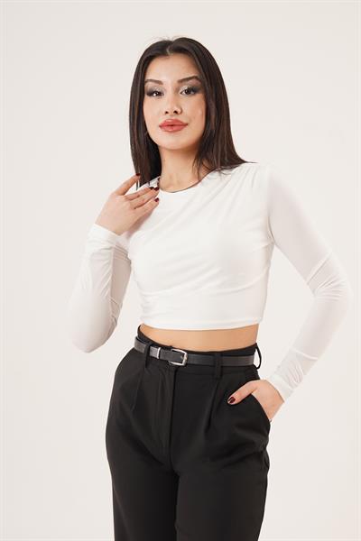 Arka Fermuarlı Omuzdan Büzgü Geçişli Beyaz Bluz