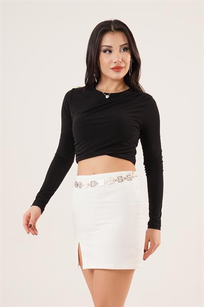 Arka Fermuarlı Omuzdan Büzgü Geçişli Siyah Bluz