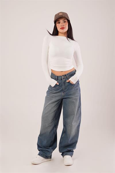 Arka Kemer Detay Yıkamalı Denim Pantolon