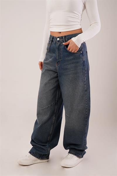 Arka Kemer Detay Yıkamalı Denim Pantolon