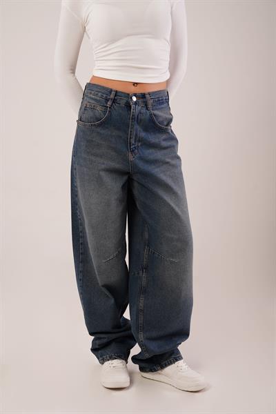 Arka Kemer Detay Yıkamalı Denim Pantolon