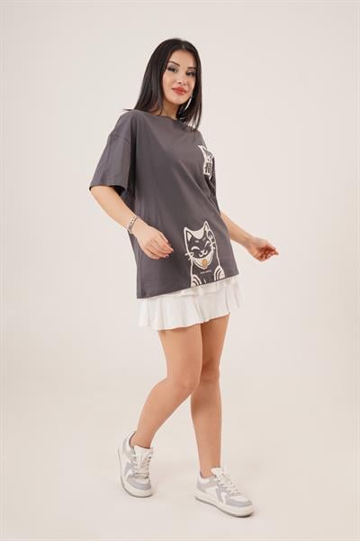 Arka ve Ön Kedi Baskılı Antrasit Tişört