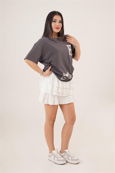 Arka ve Ön Kedi Baskılı Antrasit Tişört