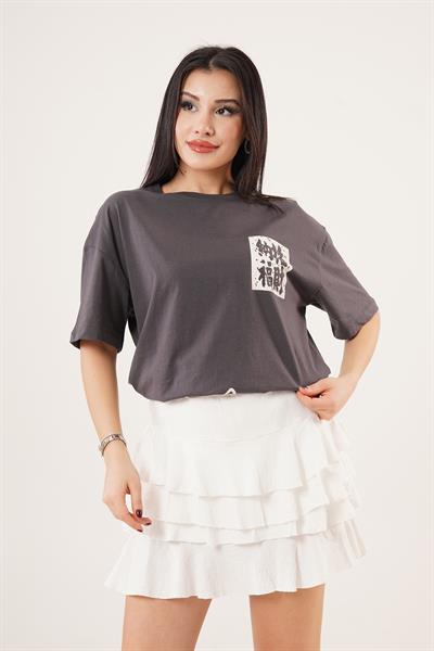 Arka ve Ön Kedi Baskılı Antrasit Tişört