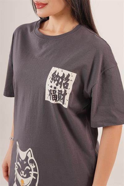 Arka ve Ön Kedi Baskılı Antrasit Tişört