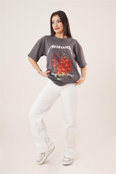 Arka ve Ön Metallica Baskılı Gri Basic Tişört