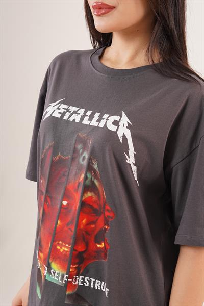 Arka ve Ön Metallica Baskılı Gri Basic Tişört