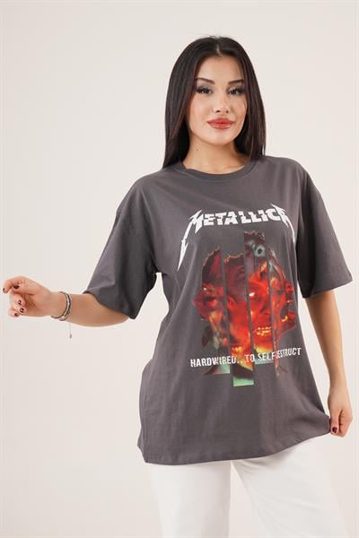 Arka ve Ön Metallica Baskılı Gri Basic Tişört