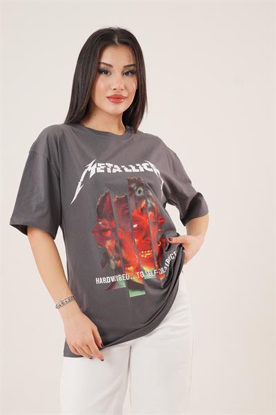 Arka ve Ön Metallica Baskılı Gri Basic Tişört