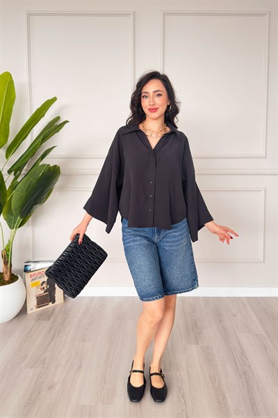 Arkası Tek Pilise Detay Modal Siyah Gömlek