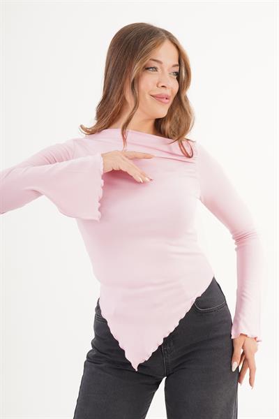 Asimetrik Kesim Büzgülü İspanyol Kol Pembe Bluz