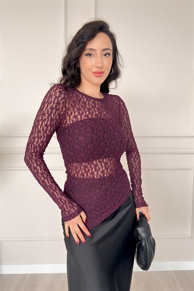 Asimetrik Kesim Transparan Dantelli Mürdüm Bluz