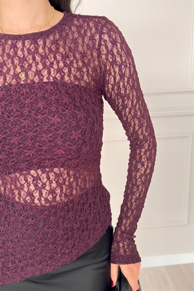 Asimetrik Kesim Transparan Dantelli Mürdüm Bluz