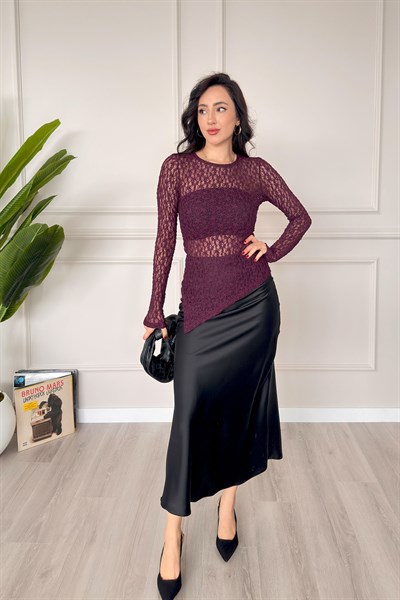 Asimetrik Kesim Transparan Dantelli Mürdüm Bluz