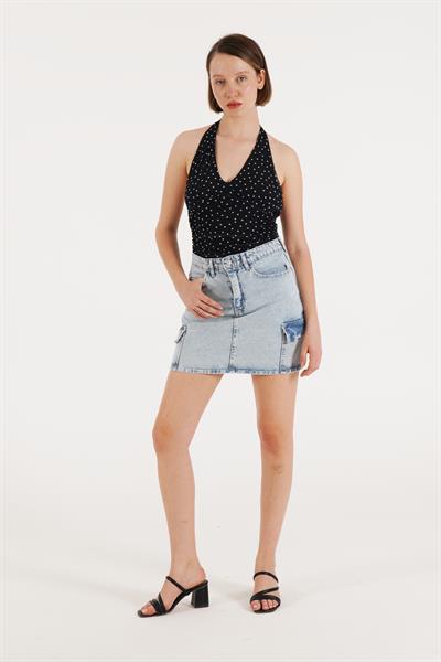 Puantiyeli Boyundan Bağlamalı Siyah Bluz