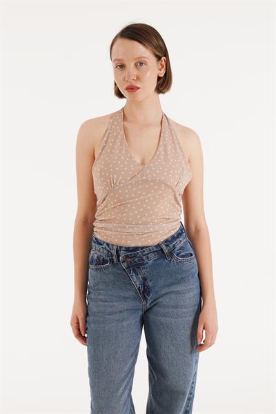 Puantiyeli Boyundan Bağlamalı Camel Bluz